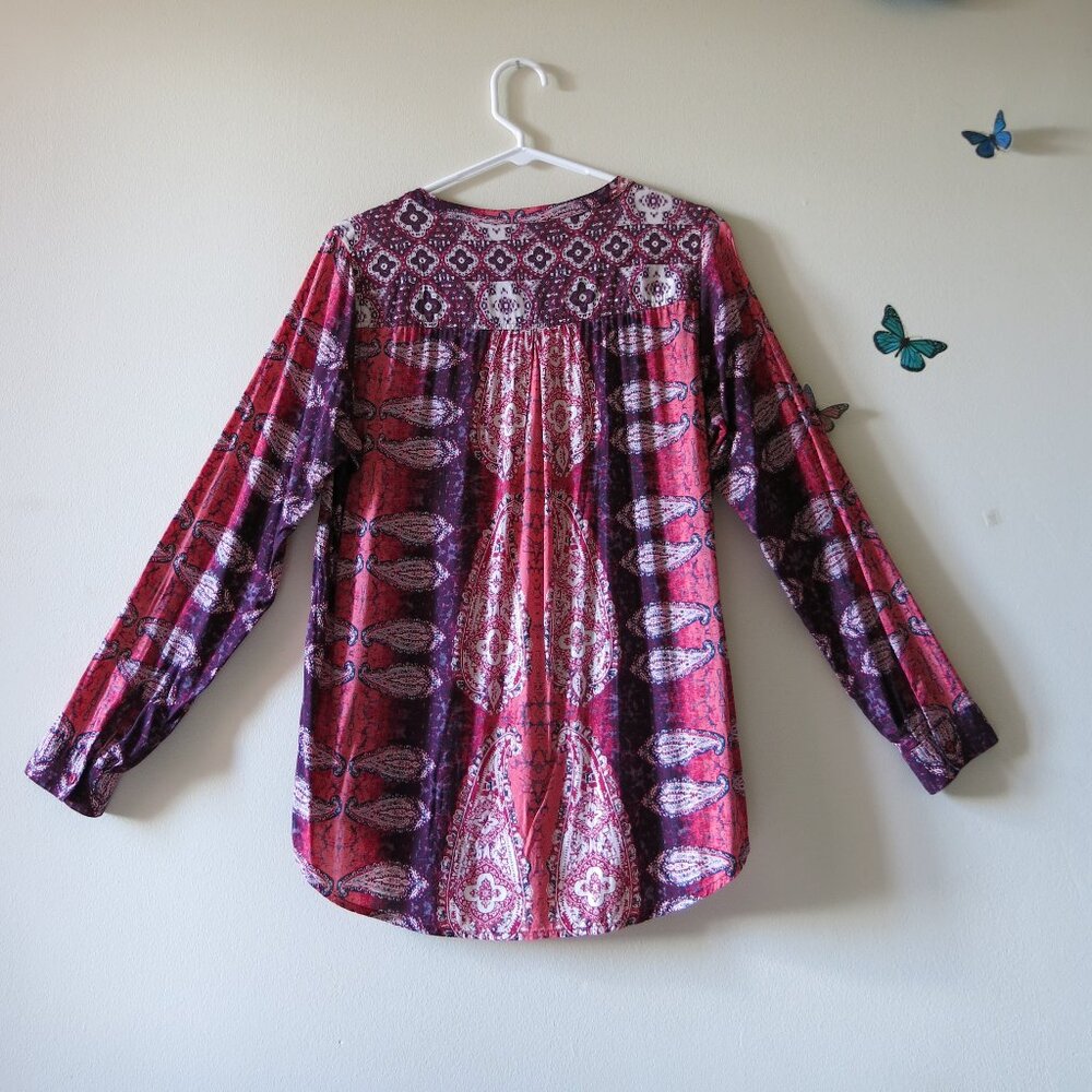 Lucky Brand Live In Love Paisley Pink Purple Long Sleeve Bohemian Blouse Size M - Picture 5 of 9